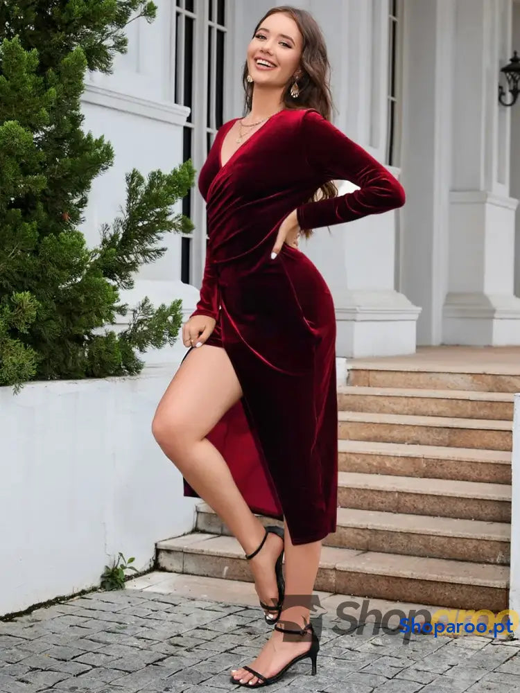 Ruched Slit Surplice Wrap Dress