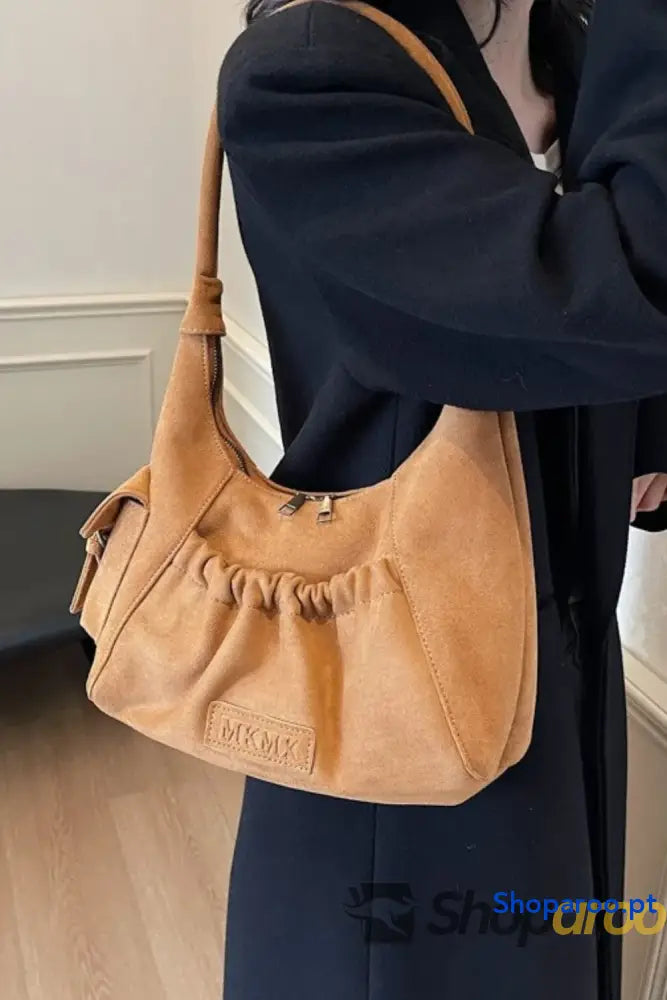 Ruched Suede Handbag with Zipper