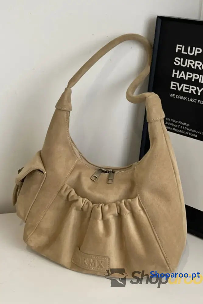 Ruched Suede Handbag with Zipper