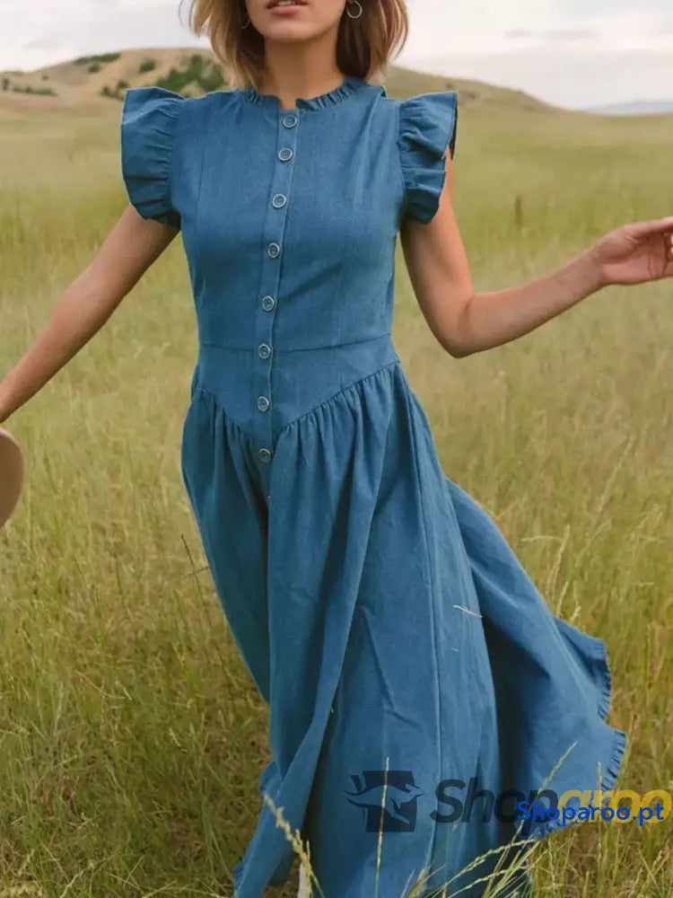 Vestido de ganga com manga curta e folhos