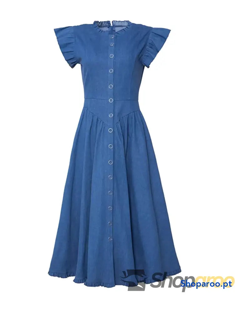 Vestido de ganga com manga curta e folhos