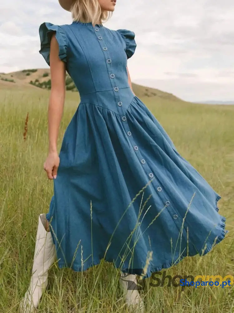 Vestido de ganga com manga curta e folhos