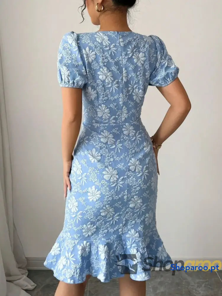 Ruffled Hem Flower Round Neck Short Sleeve Dress