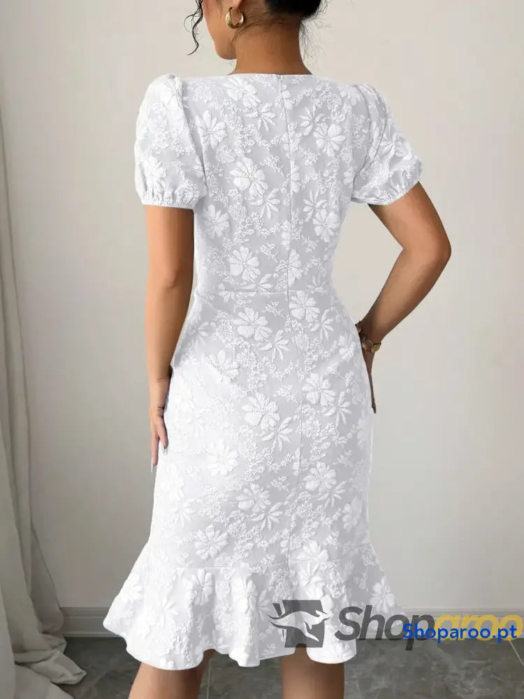 Ruffled Hem Flower Round Neck Short Sleeve Dress