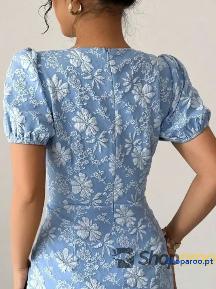 Ruffled Hem Flower Round Neck Short Sleeve Dress