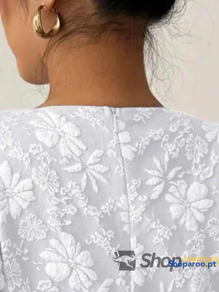 Ruffled Hem Flower Round Neck Short Sleeve Dress