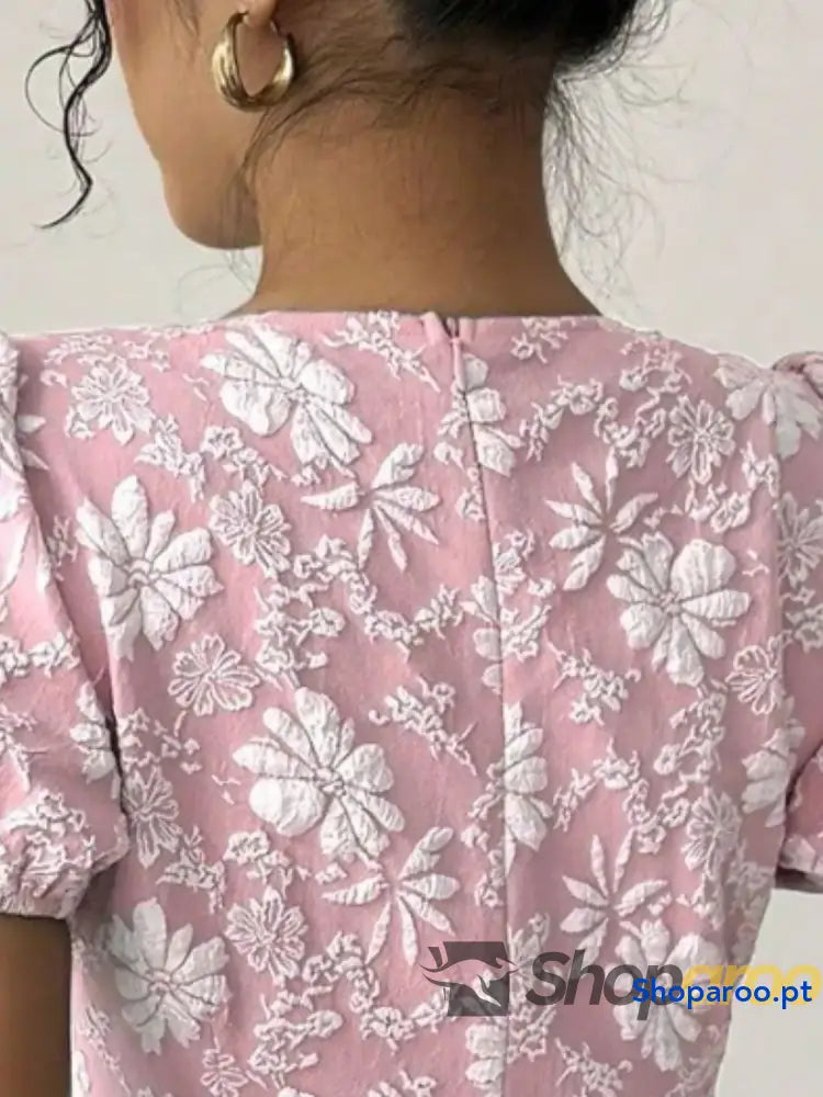 Ruffled Hem Flower Round Neck Short Sleeve Dress