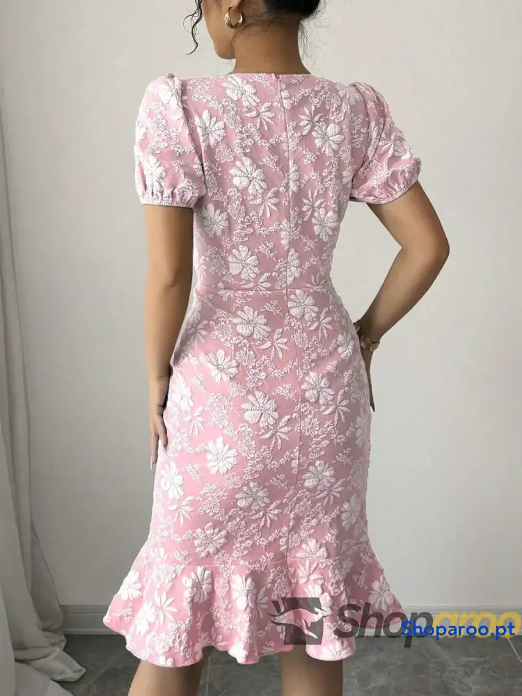 Ruffled Hem Flower Round Neck Short Sleeve Dress
