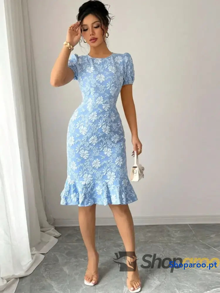 Ruffled Hem Flower Round Neck Short Sleeve Dress