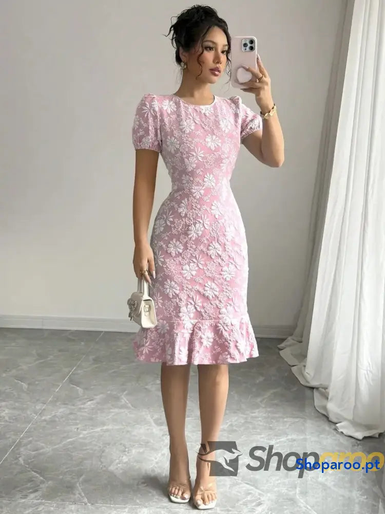 Ruffled Hem Flower Round Neck Short Sleeve Dress