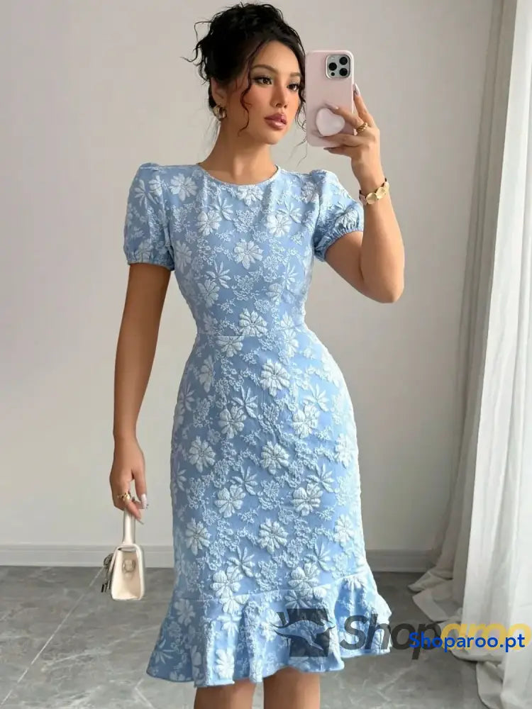 Ruffled Hem Flower Round Neck Short Sleeve Dress