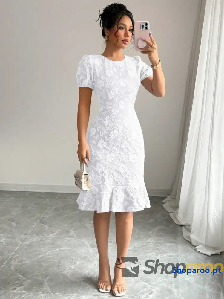 Ruffled Hem Flower Round Neck Short Sleeve Dress