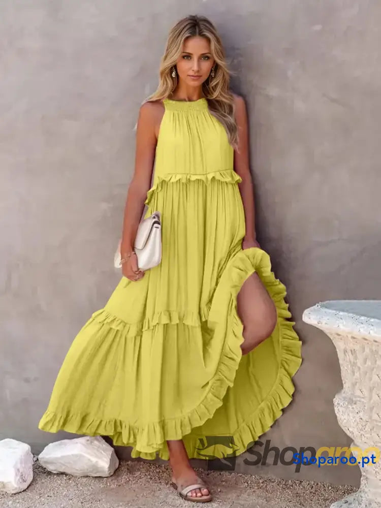 Ruffled Sleeveless Tiered Maxi Dress with Pockets