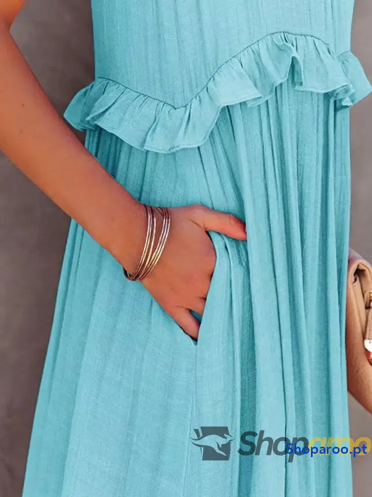Ruffled Sleeveless Tiered Maxi Dress with Pockets