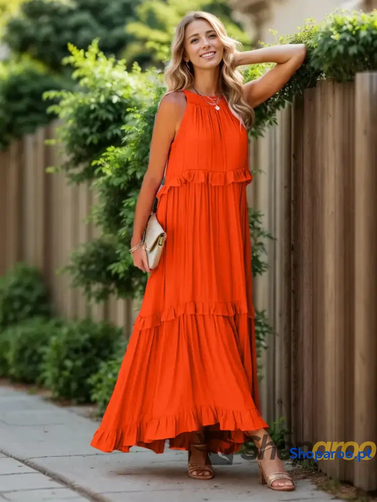 Ruffled Sleeveless Tiered Maxi Dress with Pockets