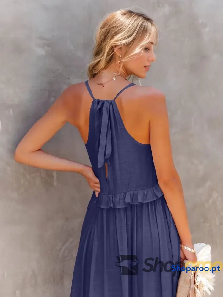 Ruffled Sleeveless Tiered Maxi Dress with Pockets