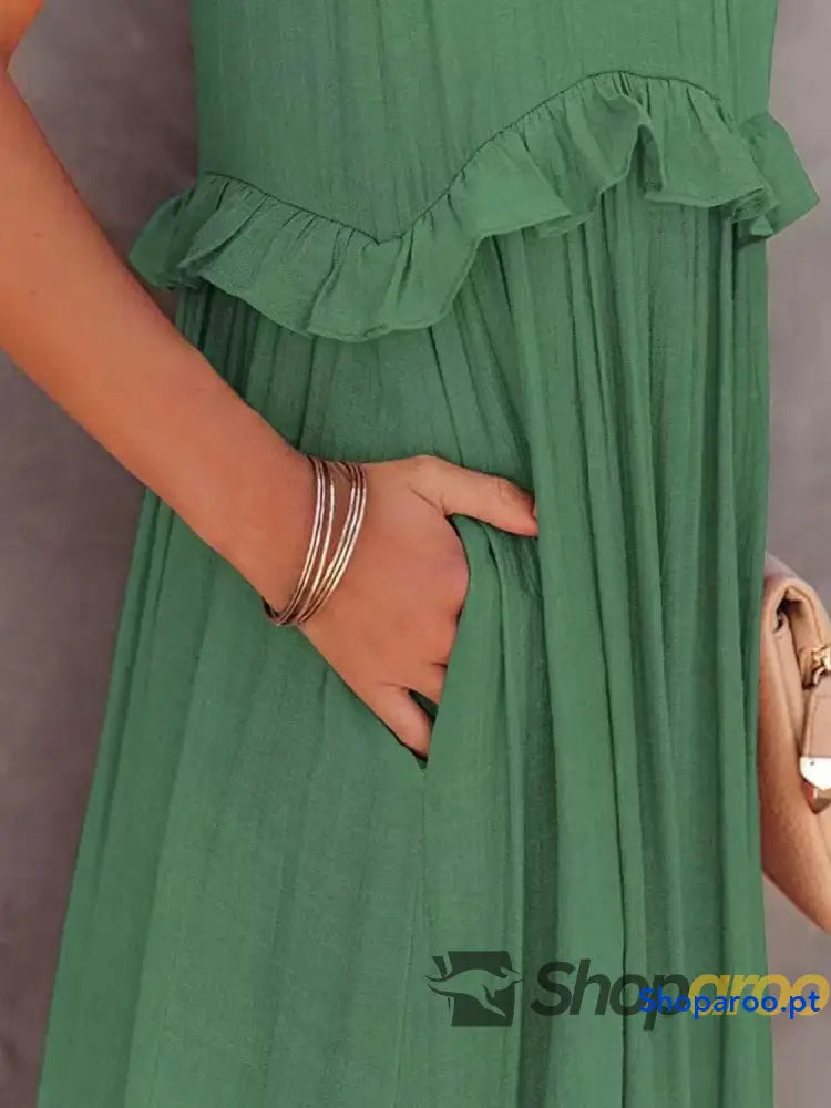 Ruffled Sleeveless Tiered Maxi Dress with Pockets