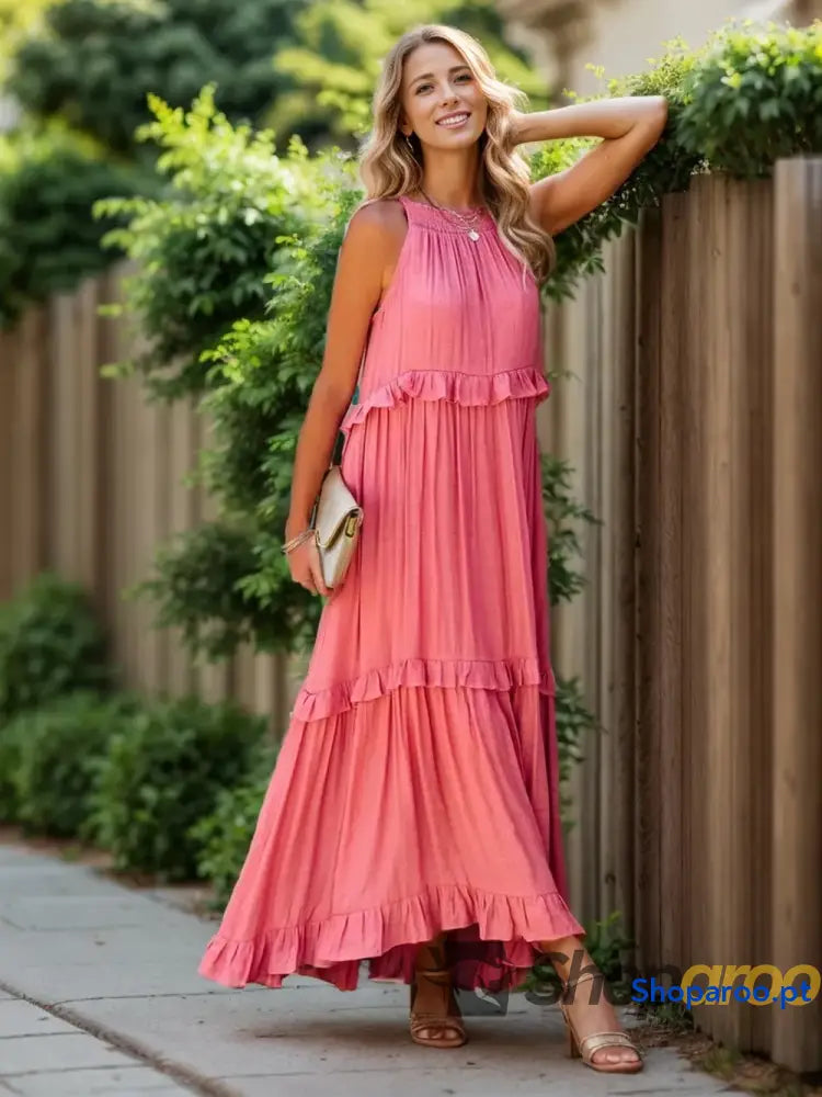 Ruffled Sleeveless Tiered Maxi Dress with Pockets