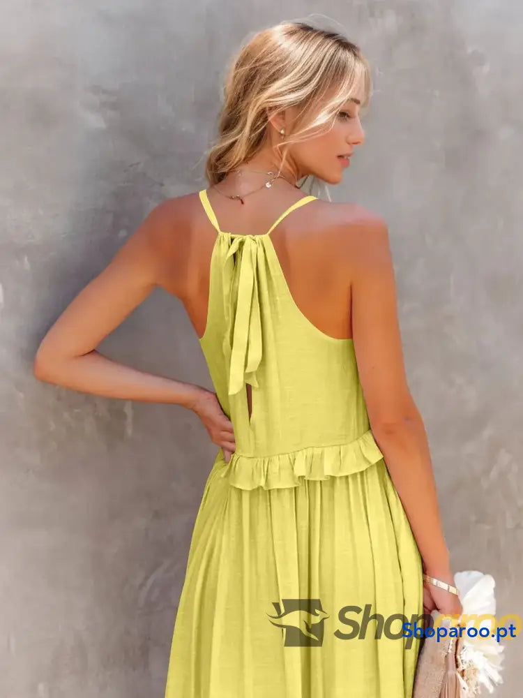 Ruffled Sleeveless Tiered Maxi Dress with Pockets