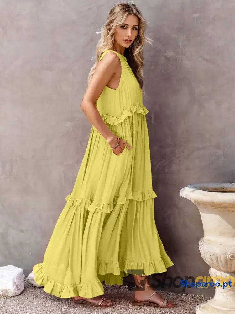 Ruffled Sleeveless Tiered Maxi Dress with Pockets