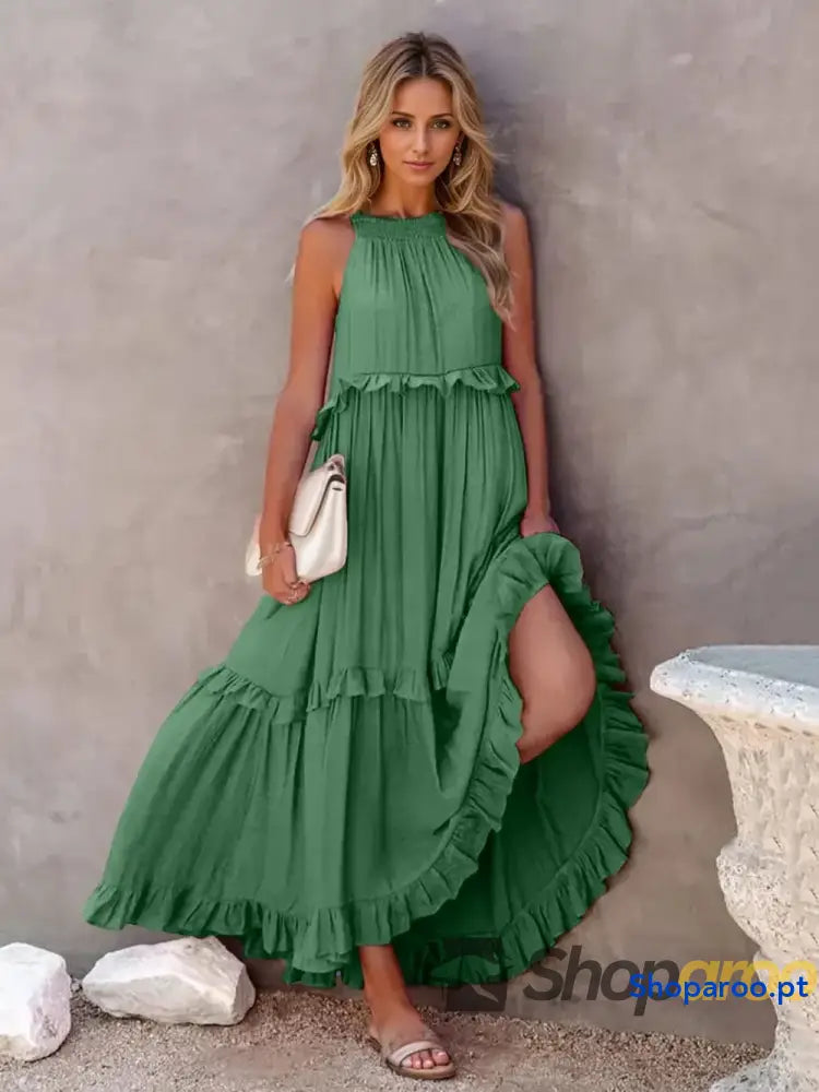 Ruffled Sleeveless Tiered Maxi Dress with Pockets