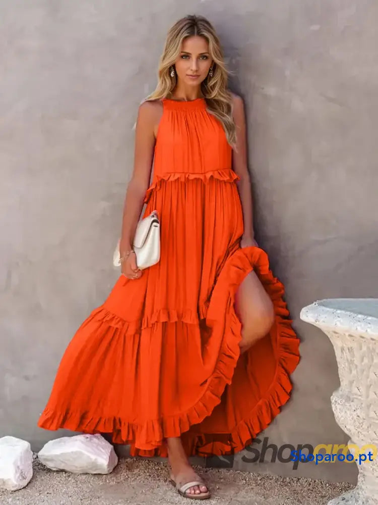 Ruffled Sleeveless Tiered Maxi Dress with Pockets