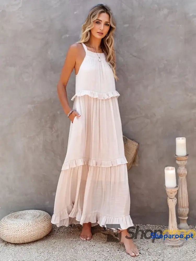 Ruffled Sleeveless Tiered Maxi Dress with Pockets