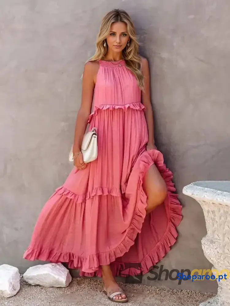 Ruffled Sleeveless Tiered Maxi Dress with Pockets