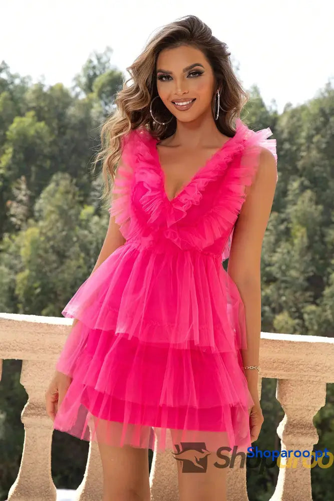 Ruffled V-Neck Sleeveless Mesh Dress