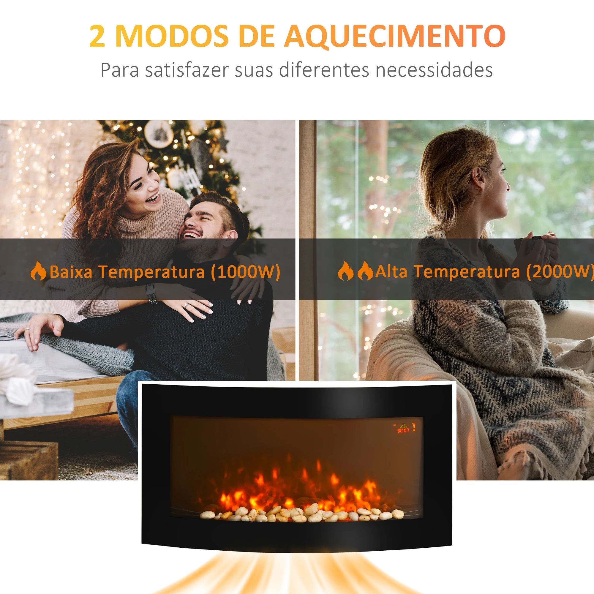 Lareira Elétrica de Parede com Efeito de Chama Realista Luzes LED e Potência Ajustável 1000W/2000W 89,2x13,5x48cm Preto