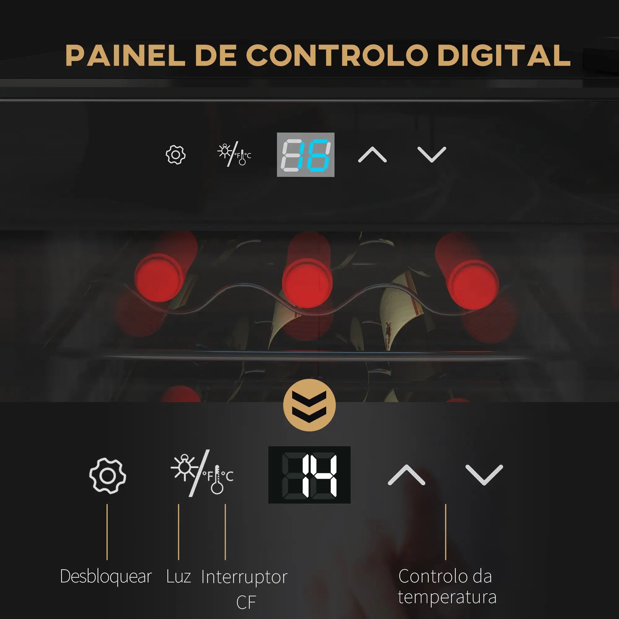 Cave de Vinho 18 Garrafas com Luz LED Ecrã Tátil Digital Controlo de Temperatura Porta de Vidro e 5 Prateleiras Preto