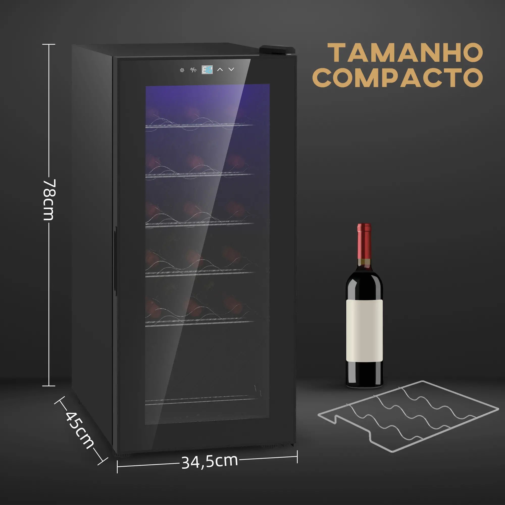 Cave de Vinho 18 Garrafas com Luz LED Ecrã Tátil Digital Controlo de Temperatura Porta de Vidro e 5 Prateleiras Preto