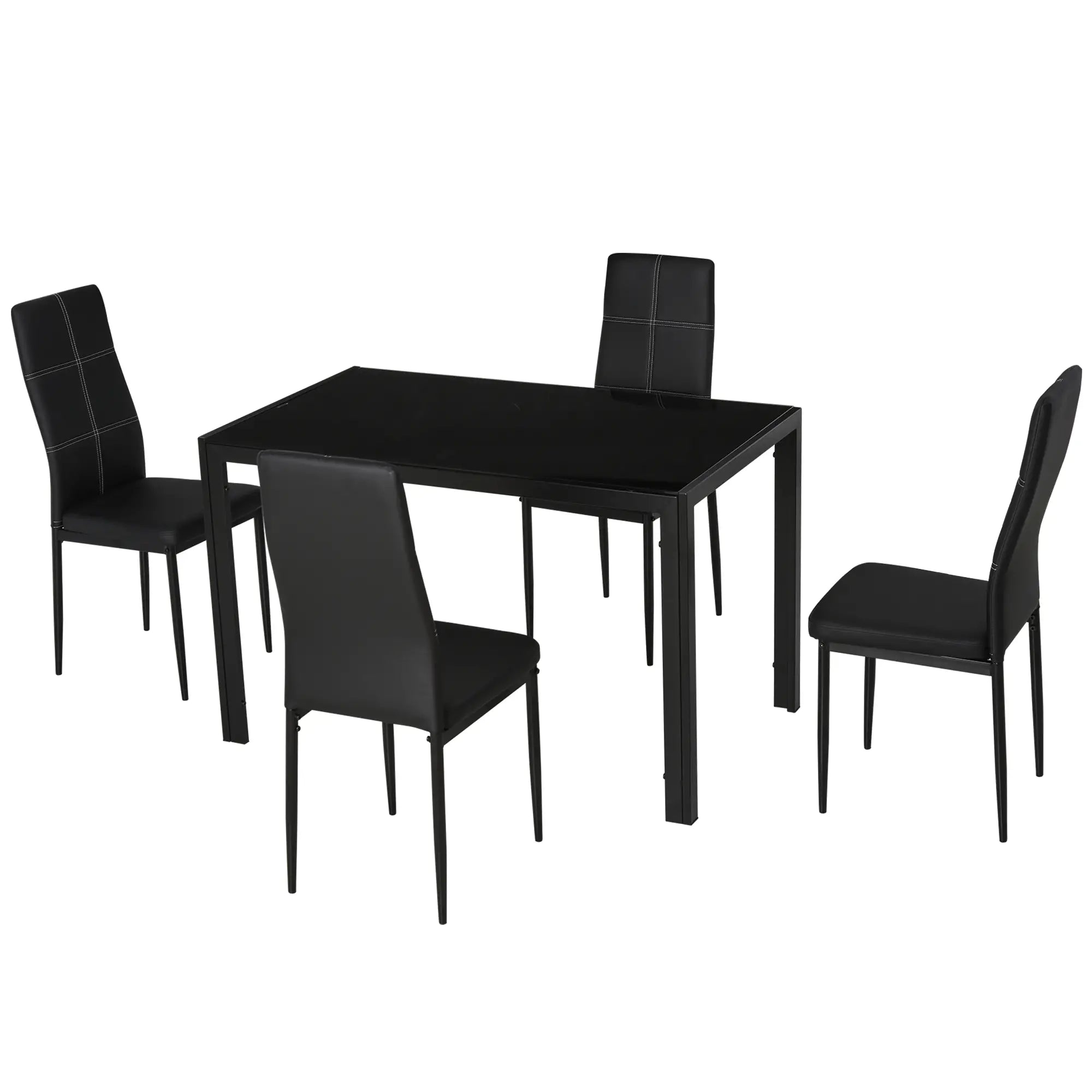 Conjunto de Refeição com Mesa Retangular de Vidro Temperado e 4 Cadeiras Estofadas em PU com Pés de Metal Preto