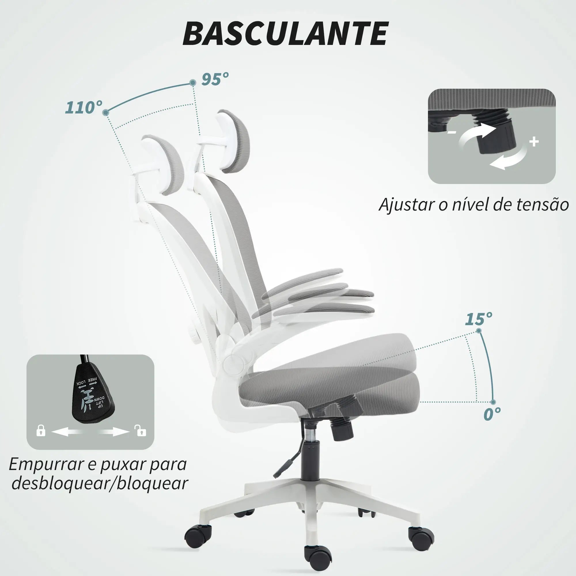 Cadeira de Escritório Giratória com Altura Ajustável Apoio para a Cabeça e Suporte Lombar Ajustáveis 58x63x115-125 cm Cinza