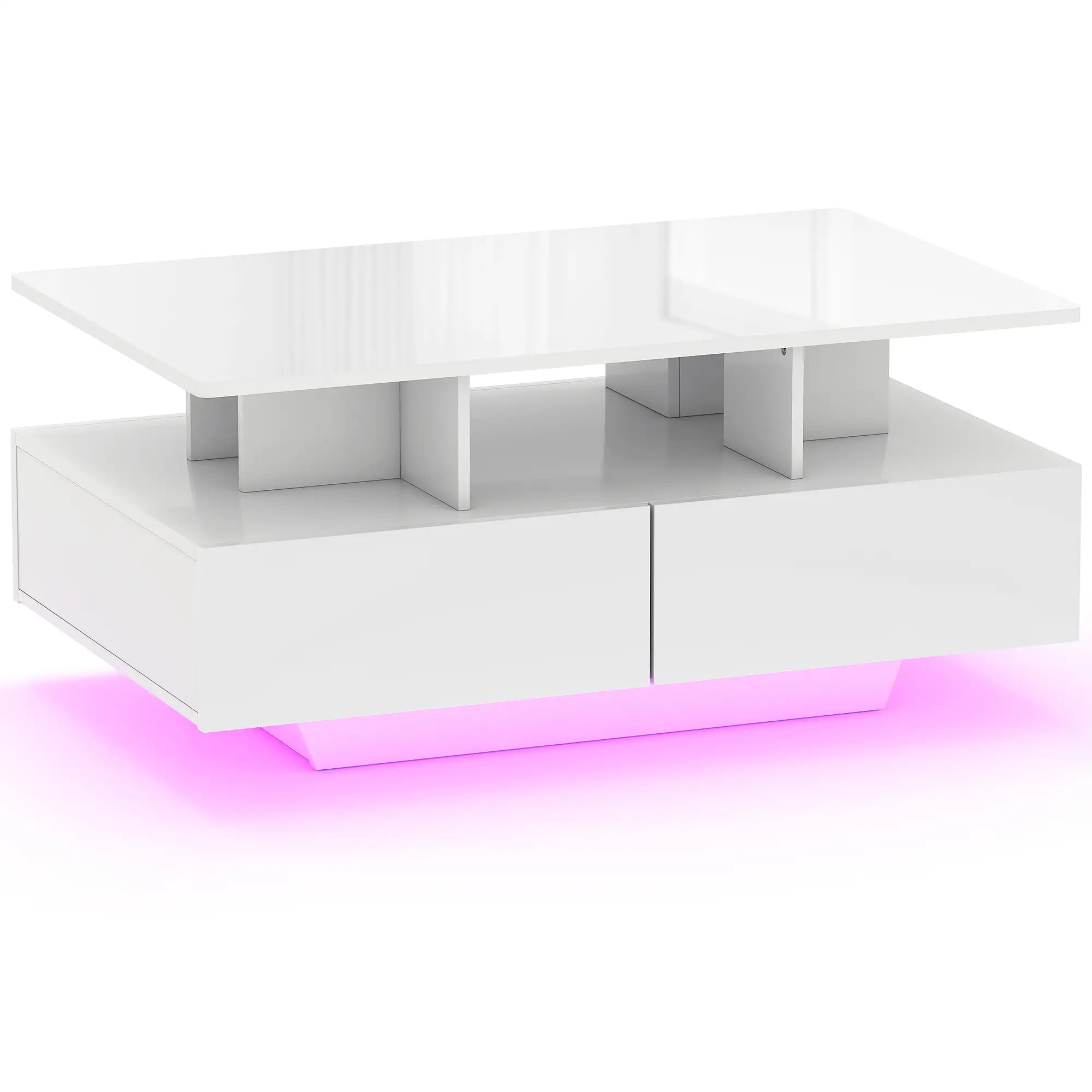 Mesa de Centro Moderna com LED 4 Gavetas Prateleira Aberta e Luzes LED de 16 Cores 90x55x41 cm Branco Brilhante