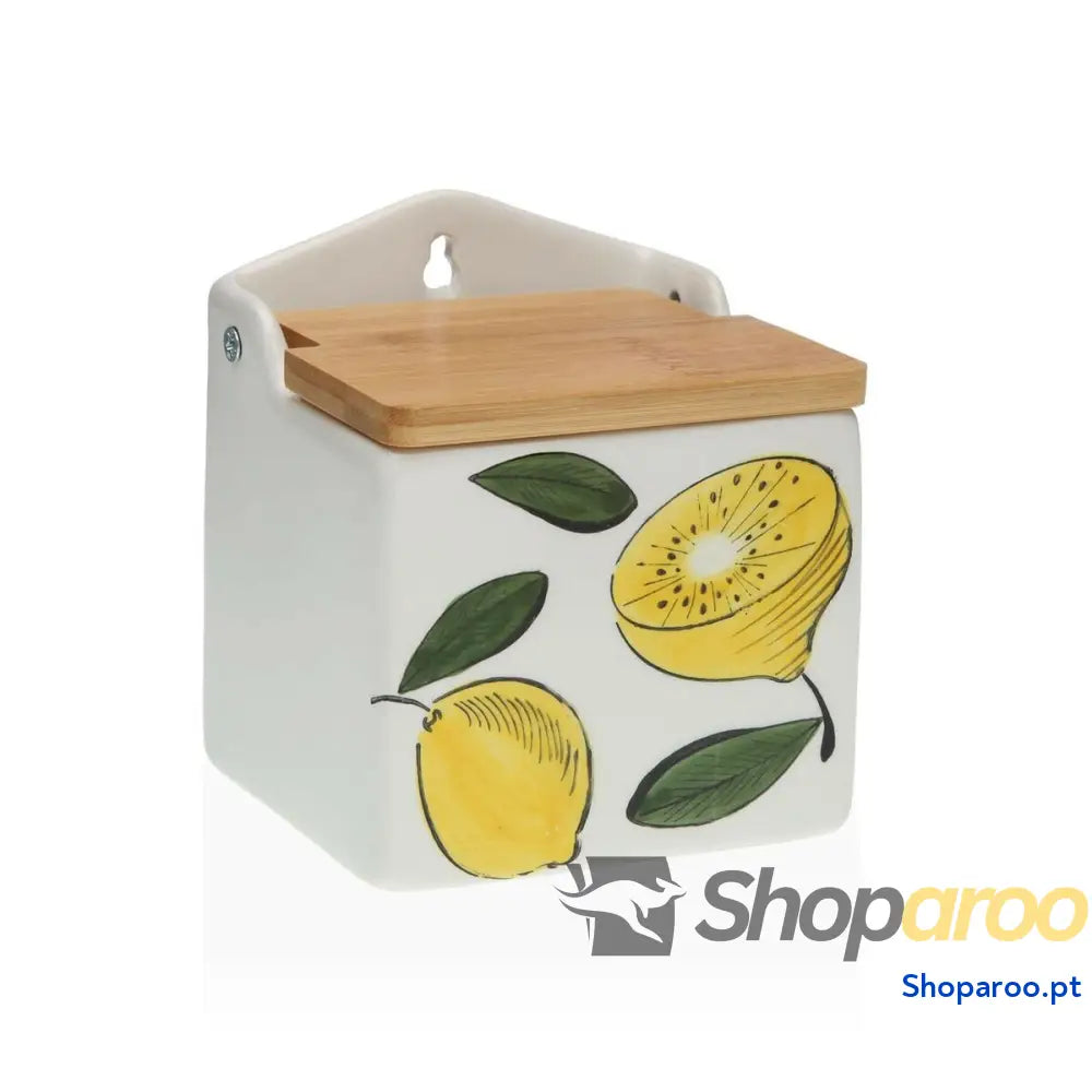 Saleiro com Tampa Versa Cerâmica Bambu Dolomite Limão 10 x 12,5 x 11 cm