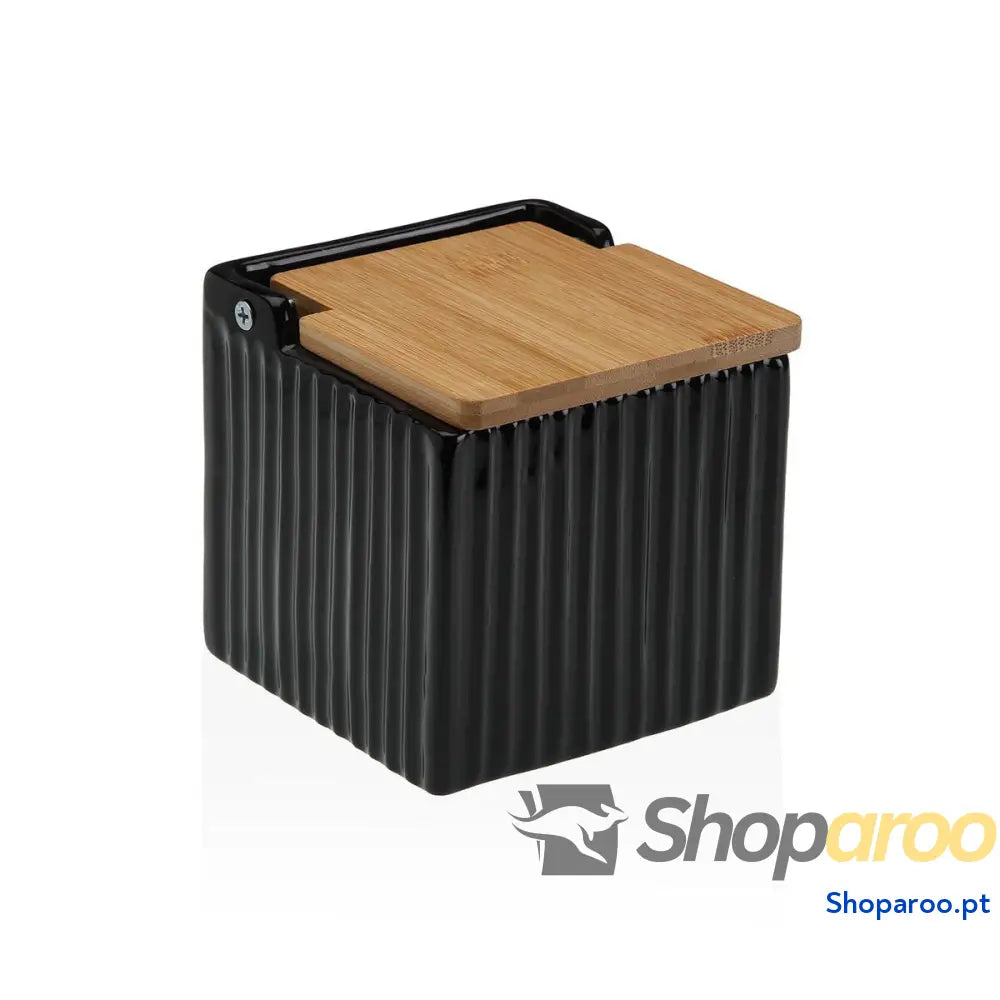 Saleiro com Tampa Versa Preto Cerâmica Bambu Dolomite 11 x 11 x 11 cm