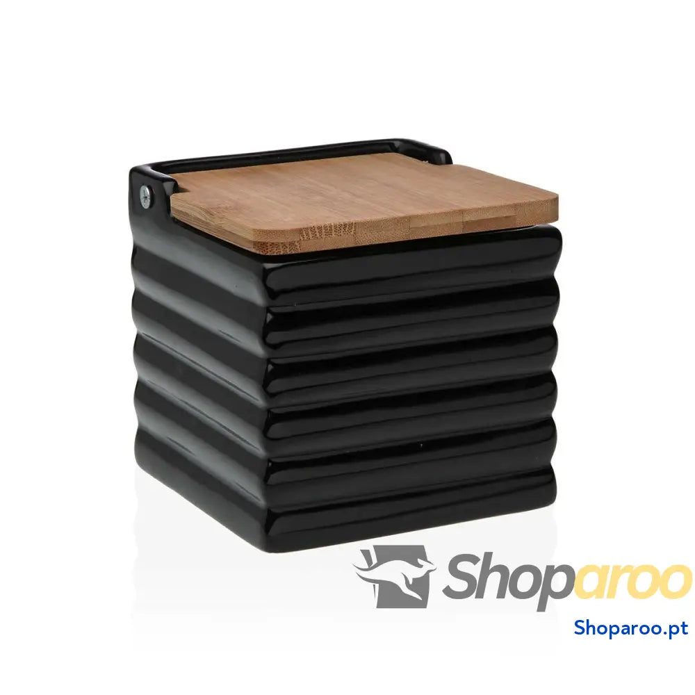 Saleiro com Tampa Versa Riscas Preto Cerâmica Bambu Dolomite 11 x 11 x 11 cm