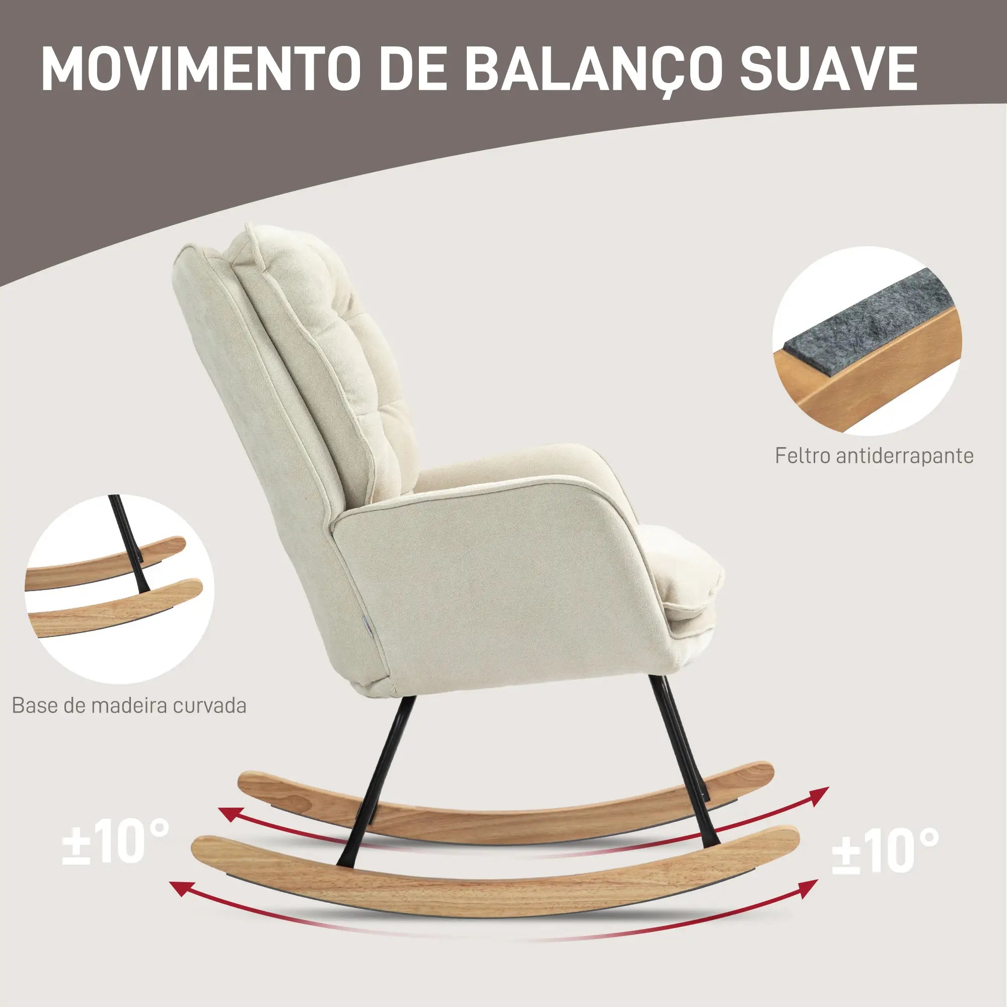Poltrona Baloiço Estofada em Chenilla com Pés de Madeira de Faia e Apoio para os Braços para Lactância 71x98,5x97 cm Bege