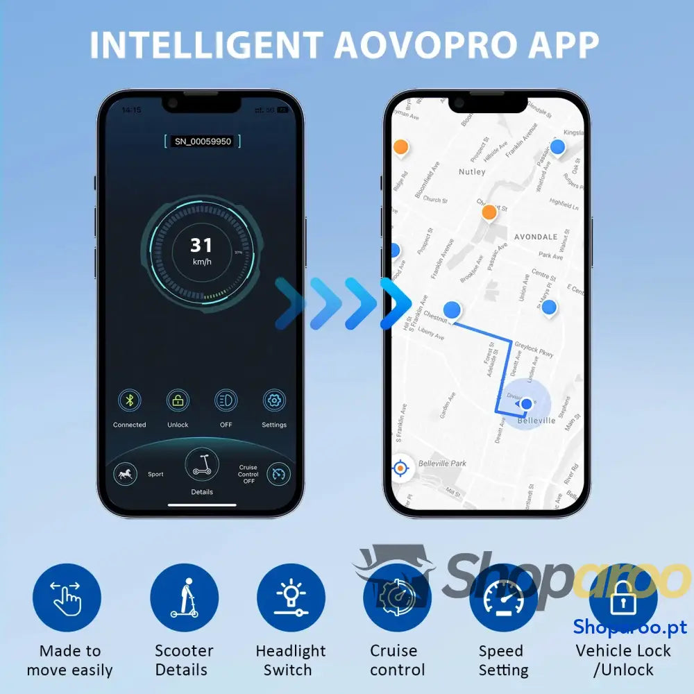 Scooter elétrica AOVOPRO para adultos com APP e motor potente