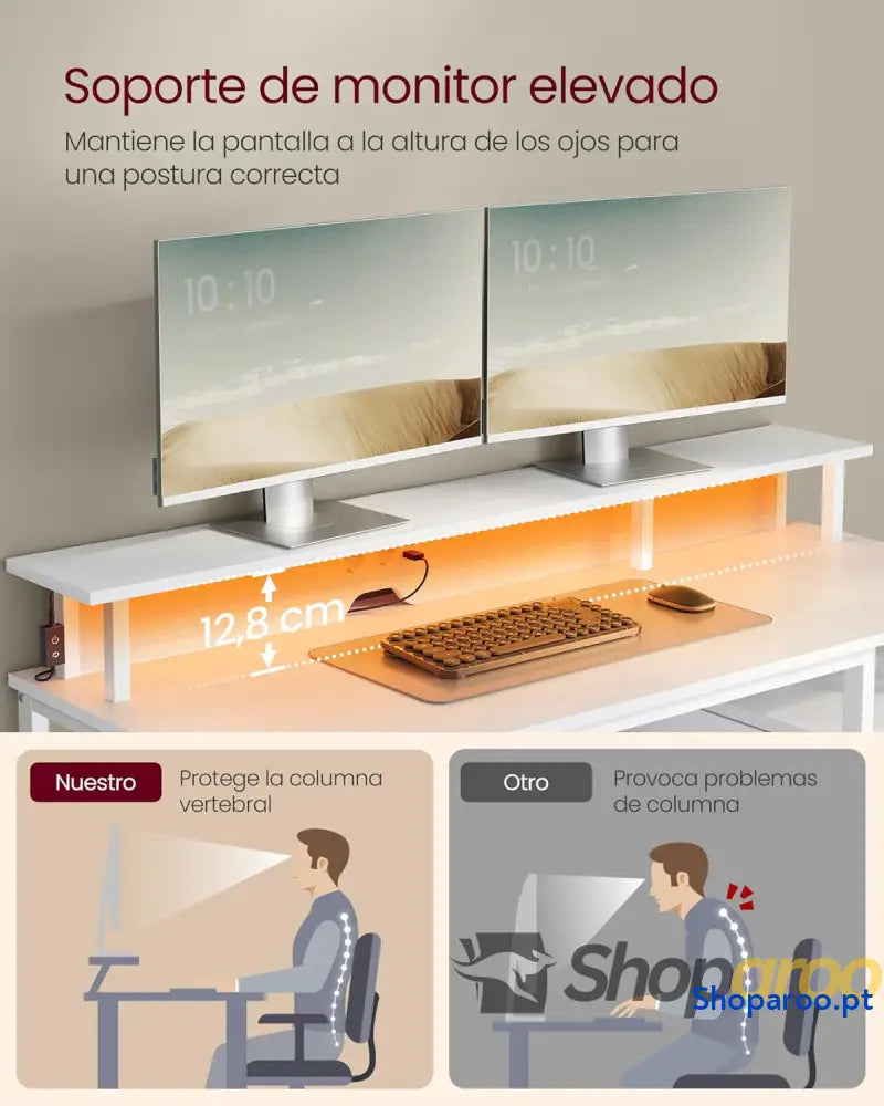 Secretária com gavetas de tecido luzes LED e tomadas energia incorporadas prateleira para monitor 55 x 135 90 cm 2