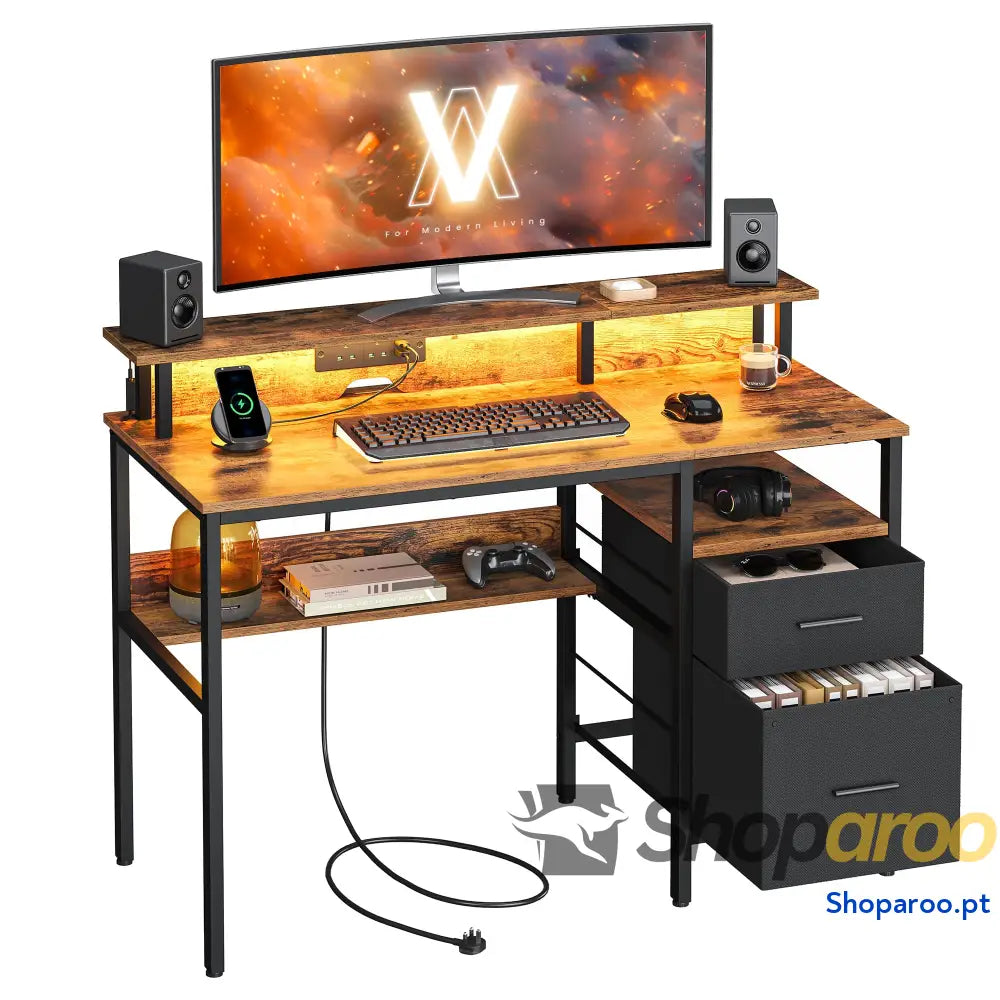 Secretária com gavetas de tecido luzes LED e tomadas energia incorporadas prateleira para monitor 55 x 135 90 cm 2