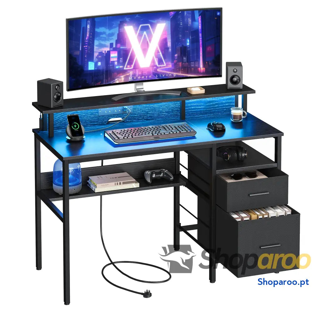 Secretária com gavetas de tecido luzes LED e tomadas energia incorporadas prateleira para monitor 55 x 135 90 cm 2
