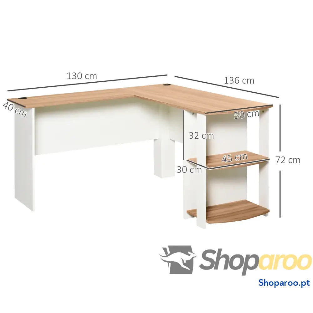 Secretária de Canto Mesa Computador para Escritório Casa em Forma L com Prateleiras 136x130x72 cm Branco e Madeira