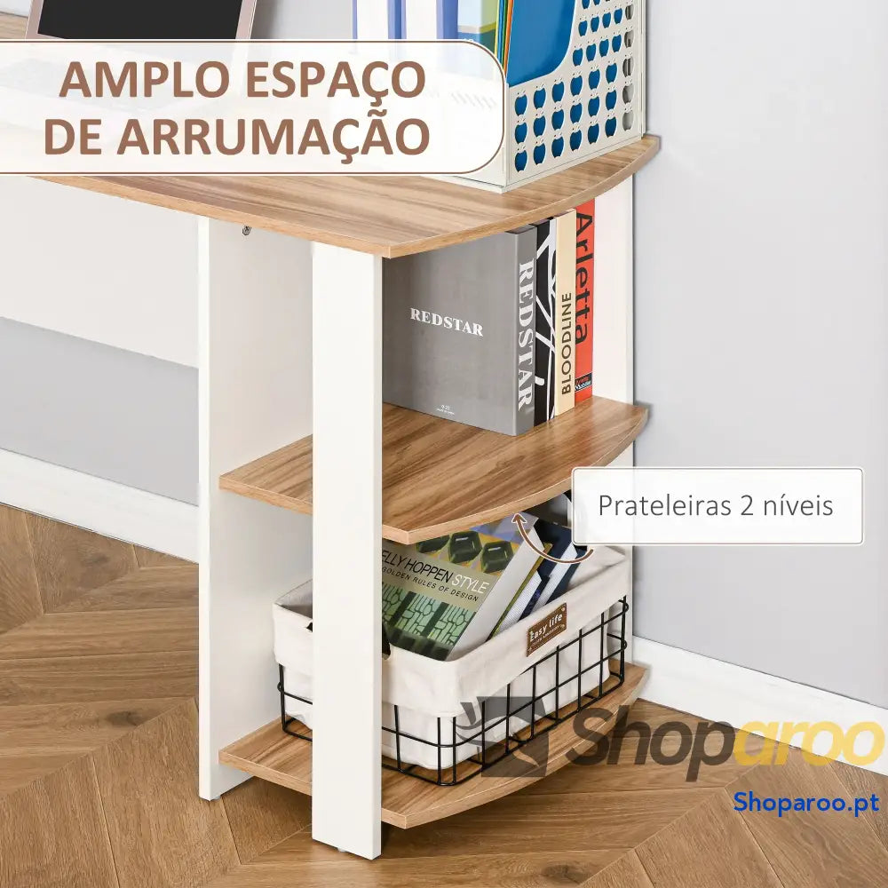 Secretária de Canto Mesa Computador para Escritório Casa em Forma L com Prateleiras 136x130x72 cm Branco e Madeira