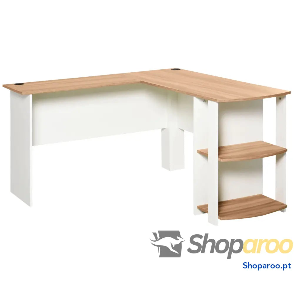 Secretária de Canto Mesa Computador para Escritório Casa em Forma L com Prateleiras 136x130x72 cm Branco e Madeira