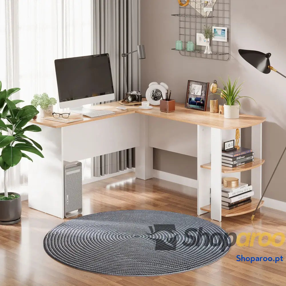 Secretária de Canto Mesa Computador para Escritório Casa em Forma L com Prateleiras 136x130x72 cm Branco e Madeira