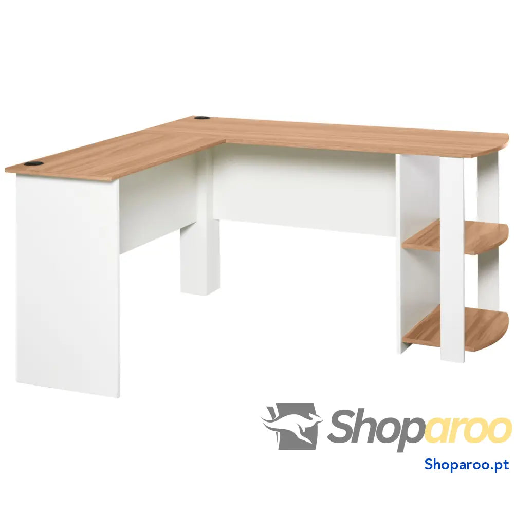 Secretária de Canto Mesa Computador para Escritório Casa em Forma L com Prateleiras 136x130x72 cm Branco e Madeira