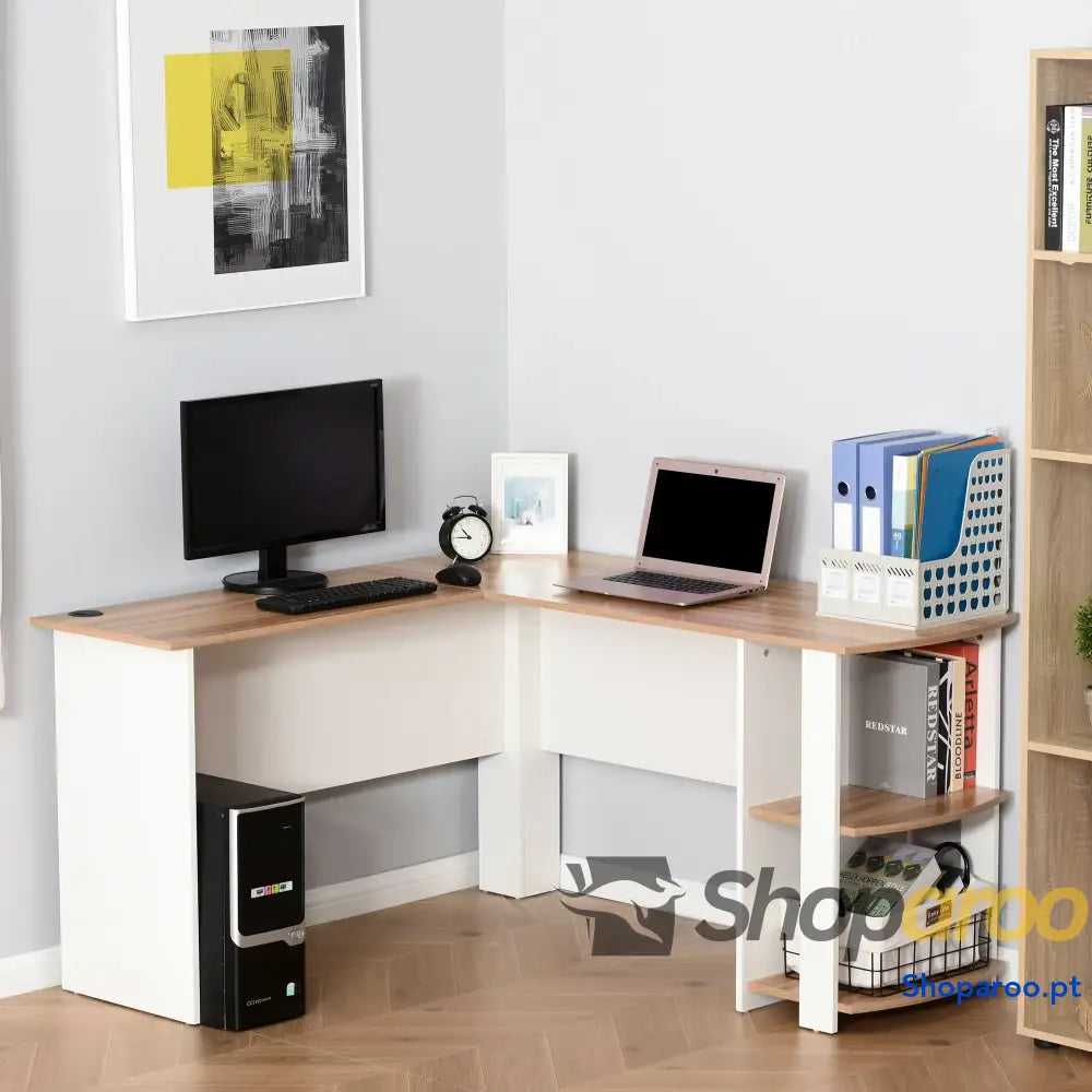 Secretária de Canto Mesa Computador para Escritório Casa em Forma L com Prateleiras 136x130x72 cm Branco e Madeira