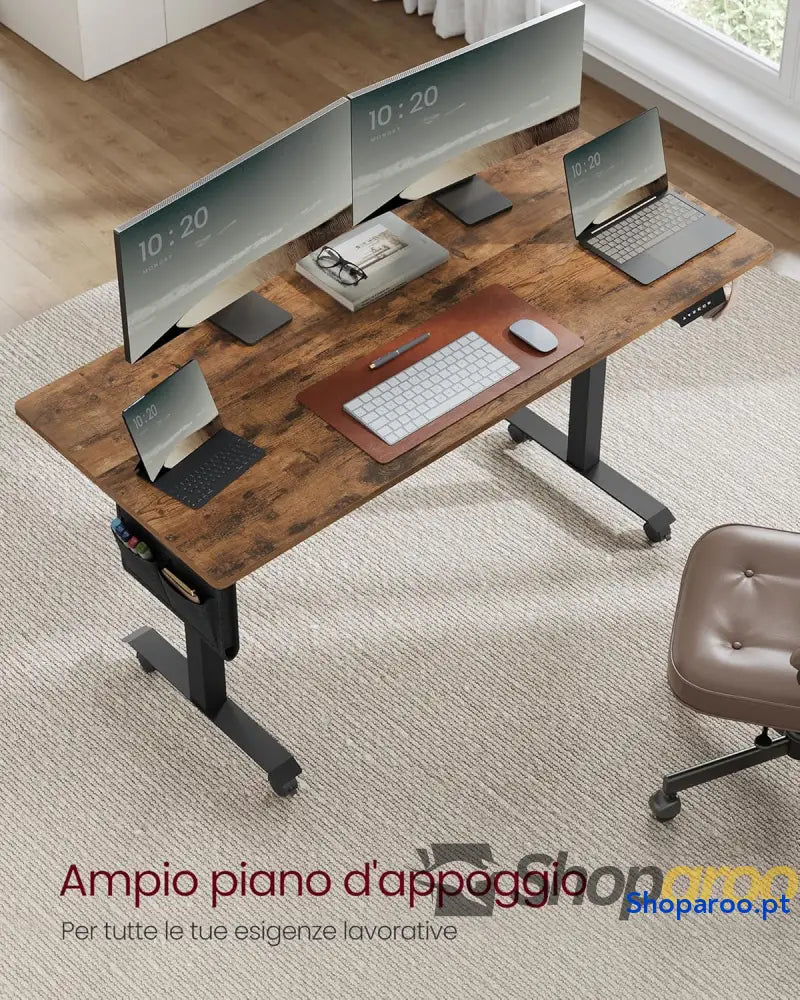Secretária elétrica de altura regulável 70 x 160 (72 120) ajuste contínuo função memória com 4 alturas castanho rústico